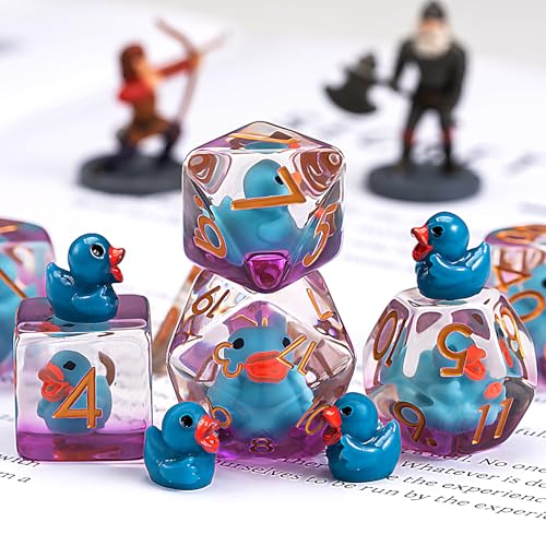 Resin DND Duck Dice Set, D&D Polyhedral Dice for Dungeons and Dragons RPG, MTG Role Playing Games D and D Dice 7pc D20 D12 D10 D8 D6 D4 - color: Blue Duck