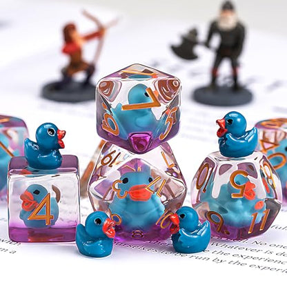 Resin DND Duck Dice Set, D&D Polyhedral Dice for Dungeons and Dragons RPG, MTG Role Playing Games D and D Dice 7pc D20 D12 D10 D8 D6 D4 - color: Blue Duck