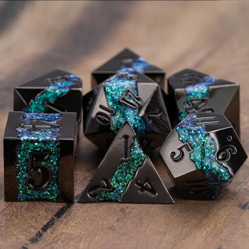 Metal Polyhedral Dice Set, 7PCS RPG Dice with Galaxy Glitter Resin Inlay for Dungeons and Dragons, Pathfinder Tabletop Role Playing Games - color: Black Nickel Dark Green