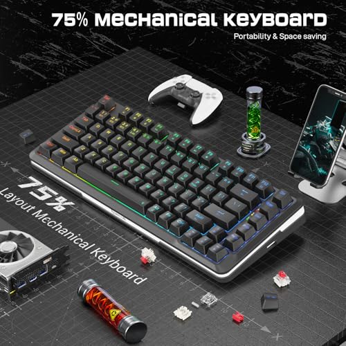 Redragon K713 Wireless Mechanical Keyboard, Gasket Mounted RGB Gaming Keyboard, 3-Mode (2.4G/BT/USB), Pre-Lubed Linear Red Switches, 75％ Layout, 82 Keys Hot Swappable for PC/Mac - Black - color: Abyssal Black, size: Pre-Lubed Red Switch
