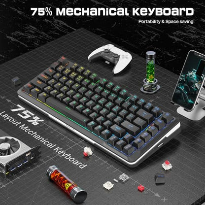 Redragon K713 Wireless Mechanical Keyboard, Gasket Mounted RGB Gaming Keyboard, 3-Mode (2.4G/BT/USB), Pre-Lubed Linear Red Switches, 75％ Layout, 82 Keys Hot Swappable for PC/Mac - Black - color: Abyssal Black, size: Pre-Lubed Red Switch