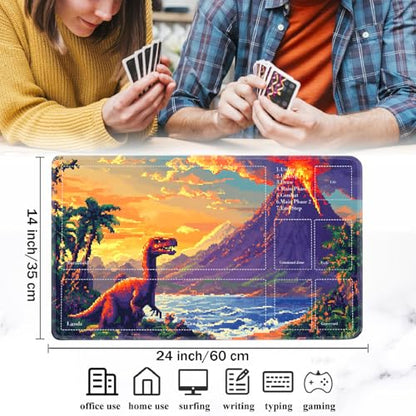 for MTG Card Playmat with Zones-Includes A Storage Bag and 6 Dice, 24 x 14 inches for TCG Playmat with Non-Slip Rubber, Game Mat, Dinosaur Volcano Eruption - color: Yux-playmats-2-2A-286