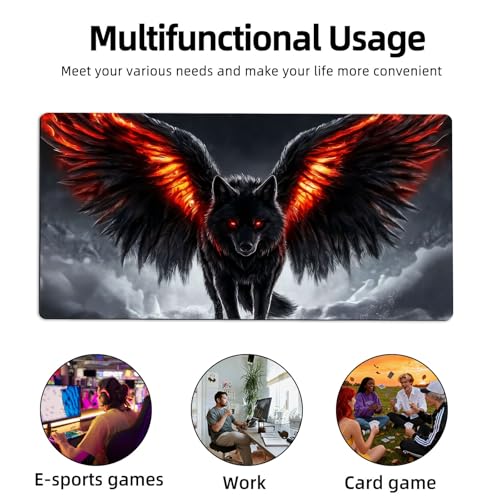 for MTG Playmat TCG Card Game Mat with Stitched Edges,Board Game Mats Non-Slip Waterproof Rubber Base 24 x 14 inch for CCG RPG DTCG Trading Card,Dark Wolf Wings - color: Dark Wolf Wings