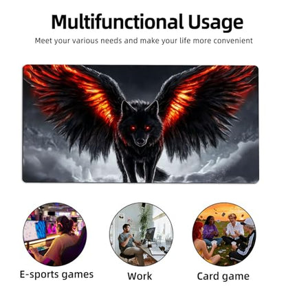 for MTG Playmat TCG Card Game Mat with Stitched Edges,Board Game Mats Non-Slip Waterproof Rubber Base 24 x 14 inch for CCG RPG DTCG Trading Card,Dark Wolf Wings - color: Dark Wolf Wings