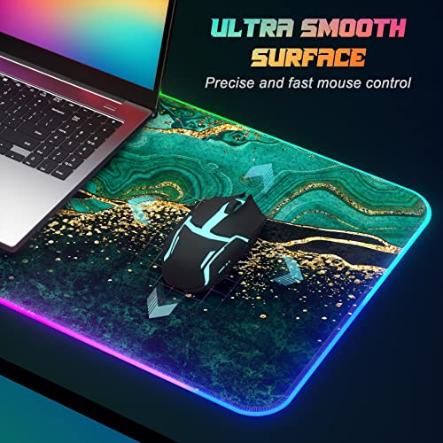 ITNRSIIET RGB Gaming Mouse Pad, Full Desk XL Extended Large Gaming Mousepad, 12 Lighting Modes, 30% Thicker, Big LED Desk Mat for Keyboard Computer Men Gamers Esport Pros, 32" x 12", Black Teal Marble - color: Luxurious Teal Marble