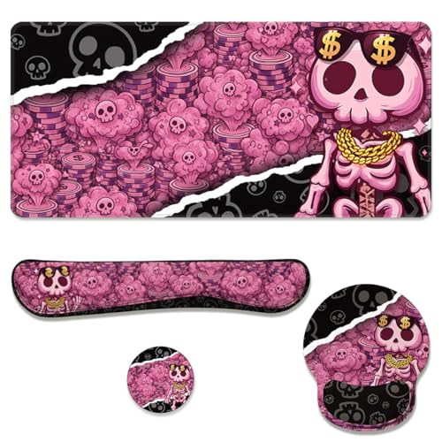 Pink Skull Desk Mat Set Cute Goth Aesthetic Large Mouse Pad with Wrist Rest 4in1 Desk Mat for Desktop Ergonomic Computer Desk Arm Wrist Anti-Slip Computer Ergonomic Mouse Pad Home Office Gaming - color: Pink Skull
