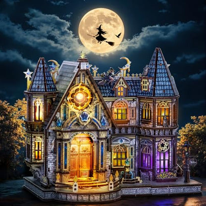 LED 3D Wood Puzzle, School for Wizards with Lighting DIY Wooden Miniature Building Kit Architecture Model