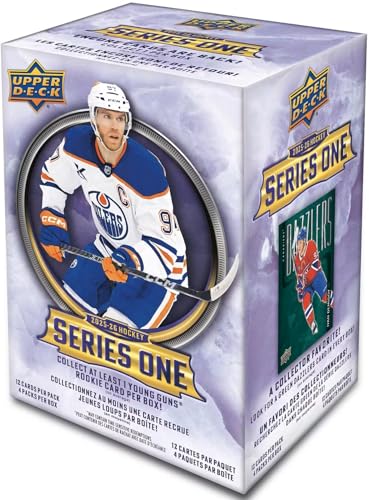 2025 2026 Upper Deck Series One Hockey Unopened Blaster Box of Packs with a Young Guns Rookie Card, an OPC Glossy Card, an Encore Insert and Green Dazzler Card Plus