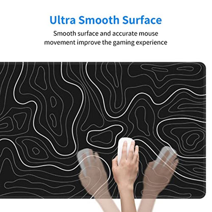Abstract Topographic Map Black Mouse Pad Big Gaming Mouse Pad XXL Mousepad Large Keyboard Mat with Non-Slip Rubber Base Stitched Edges Mouse Mat Desk Pad for Gaming and Office - color: Black