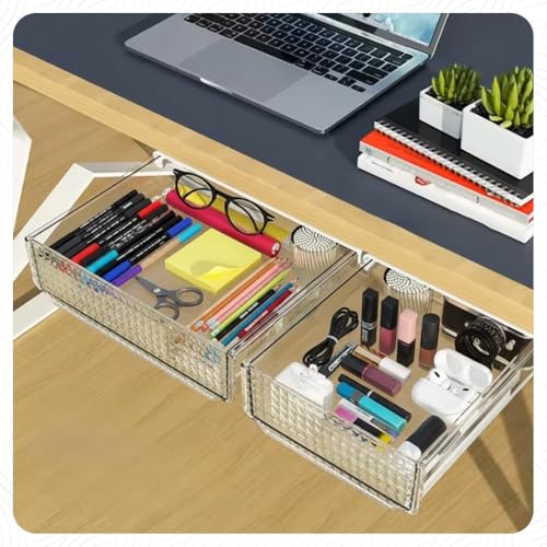 Slide and Stash Under Desk Drawers Office Organizer 2-Pack Small and Medium – Office Organization Drawer Slides Include Adhesive Tape – Easy DIY Installation for Desk Organization, Cupboard, Wardrobe