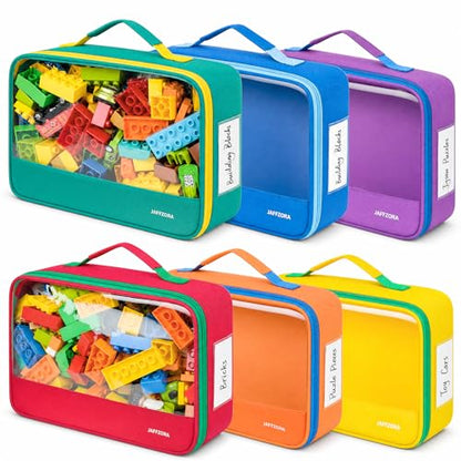 6 Pack Large Toy Storage Bags(12.6 * 3.9 * 8.6in), Magnetic Tiles Travel Organizer Case with Mesh Pocket Fits for Lego Bricks, Board Game, Puzzles, Toy Cars and Building Blocks - size: LARGE 6PCS