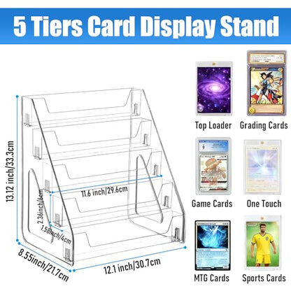 2 Pack 5-Tier Card Display Stand Holder for Collectors & Retails | 12.1" Clear Acrylic Riser Card Shelf for Desk & Shelf Organize, Fits Trading, Sports, TCG & Graded Cards, PSA BGS SGC Slabs
