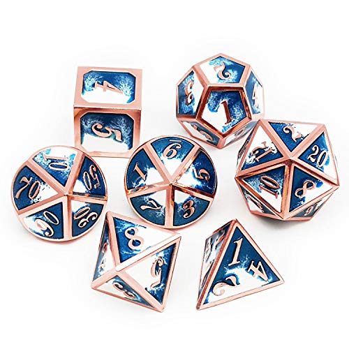 Haxtec Metal DND Dice Set, 7 Pcs Blue-White Polyhedral Dice for RPG | Copper Edge D&D Dice with Leather Bag, Compatible with Dungeons and Dragons, Heavy Metallic, Gifts for Table Games - color: Copper Blue White
