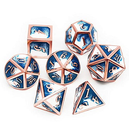Haxtec Metal DND Dice Set, 7 Pcs Blue-White Polyhedral Dice for RPG | Copper Edge D&D Dice with Leather Bag, Compatible with Dungeons and Dragons, Heavy Metallic, Gifts for Table Games - color: Copper Blue White