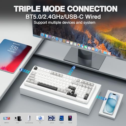 AULA F99 Wireless Mechanical Keyboard,Tri-Mode BT5.0/2.4GHz/USB-C Hot Swappable Custom Keyboard,Pre-lubed Linear Switches,RGB Backlit Computer Gaming Keyboards for PC/Tablet/PS/Xbox - color: Black&Grey&White