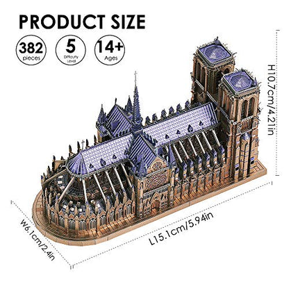 Piececool 3D Metal Puzzles for Adults and Teens, Notre Dame De Paris Church Metal Model Kit, Challenge French Cathedral Brain Teaser Architecture Building Blocks Puzzle, 382 Pcs - color: Colorful