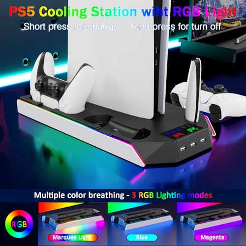 PS5/Slim/Pro Cooling Station for PlayStation 5 Console,PS5 Cooler Fan with Dual PS5 Controller Charger Incl. 3 Level Fans,Headset,USB Hubs,PS5/Slim Stand for PlayStation 5 Accessories - color: RGB-Black