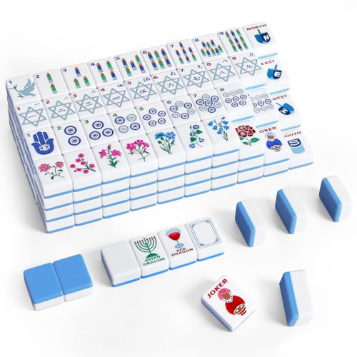 160 Pcs American Mahjong Tiles Set Blue, Mini 1.2 Inch Mahjong Tiles with Rosh Hashanah Themed Protable Mah Jong Game Set for Jewish New Year Holiday Family Gathering Hanukkah Gift - style: Jewish