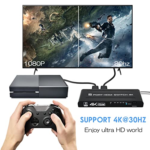 4K HDMI Switch 5 in 1 Out, 5 Port HDMI Switcher Selector Box with IR Remote Control & Auto Switch, Support 4K@30Hz, HDR, HDMI 1.4, HDCP, 3D, 1080P for HDTV PS3 PS4 Xbox Projector Blu-ray Player - size: 4K@30Hz/5 in 1 Out