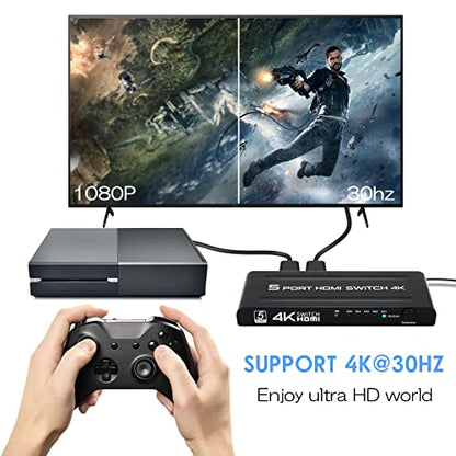 4K HDMI Switch 5 in 1 Out, 5 Port HDMI Switcher Selector Box with IR Remote Control & Auto Switch, Support 4K@30Hz, HDR, HDMI 1.4, HDCP, 3D, 1080P for HDTV PS3 PS4 Xbox Projector Blu-ray Player - size: 4K@30Hz/5 in 1 Out