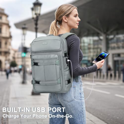 PIJUSHI Casual Travel Backpack for Women with 16" Padded Laptop Compartment | Carry On Luggage with USB Charging Port, 1680D Water-Resistant Nylon, Airline Approved, For Daily, Hiking - color: Updated Grey Blue