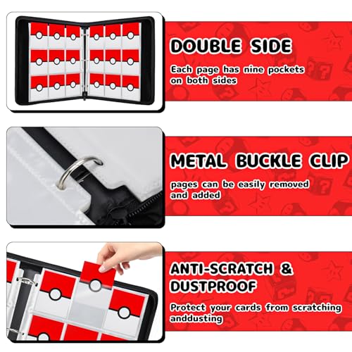 Card Binder 9 Pocket, 900 Pockets Extra Large Trading Card Binder with Zipper, PU Leather Waterproof Card Album Holder, 3-Ring Collectible Card Book for TCG, MTG, Game Cards，Red & White