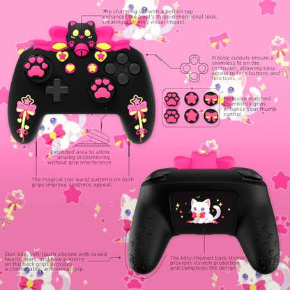 PlayVital Sweetheart Kitty Silicone Skin Compatible with Nintendo Switch Pro Controller Kawaii Anti-Slip Cover, Switch Pro Controller Joystick Grips & Protective Silicone Case - Black - color: Black