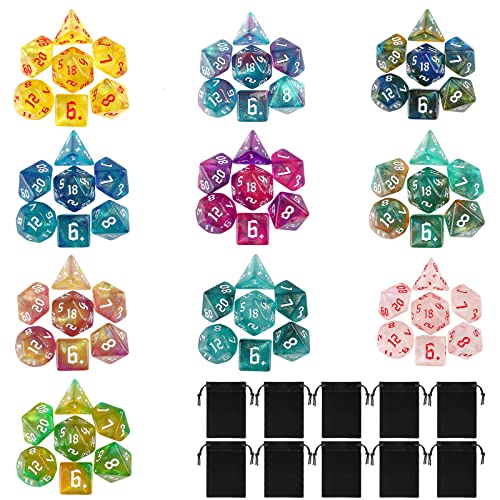 Polyhedral Dice Set, 70 Pcs DND Dice with 10 Pouche | Mixing multiple colors dice for Dungeons and Dragons DND RPG MTG Table Gams - color: 10set-70pcs