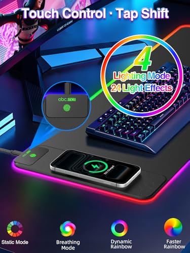 RGB Gaming Mouse Pad with 15W Magnetic Wireless Charging, 31.5'' x 11.8'' | Extra Large LED Mousepad, 24 Lighting Effects Desk Mat with Non-Slip Rubber Base, Waterproof Ultra-Smooth Surface - color: RGB-31.5"x11.8"