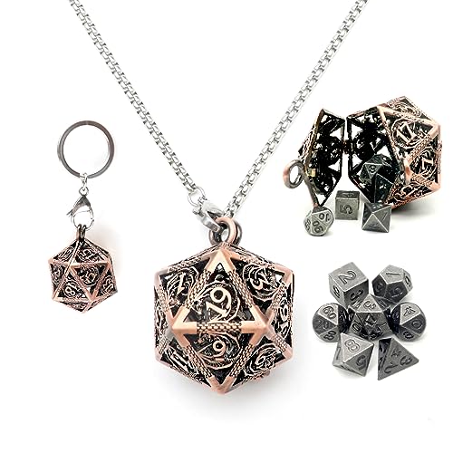 Haxtec Mini Metal DND Dice Set, D20 Hollow Cage Pendant Necklace & Keying | Portable 6mm Micro 7PCS D&D Dice, Cool Charm DND Accessories, For RPG Travel, Unique Gifts for Dungeons and Dragons Players - color: Antique Copper & Nickel