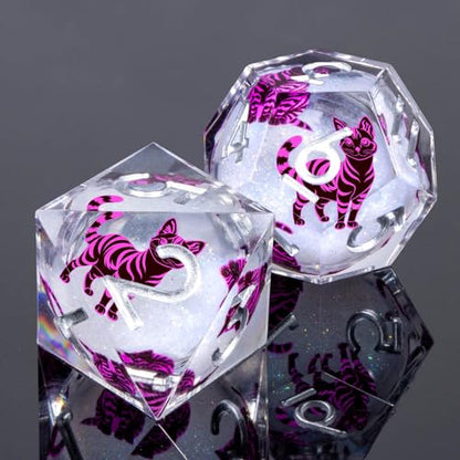 KERWELLSI Cat Liquid Core DND Dice Set with Gift Box, 7Pcs Resin Dungeons Sharp Edge D&D Dice, Dragons D and D Role Playing Dice D20 D12 D10 D8 D6 D4, White and Purple Cat - color: White and Purple Cat