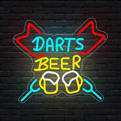 Beer Neon Sign, Darts Beer Led Neon Light Sign for Bar Dart Room Wall Decor Dimmable Dart Light Up Sign for Man Cave Home Bar Pub Club Party Decoration Gift for Men Husband USB Powered（14.2"*13.4"） - style: Beer-1