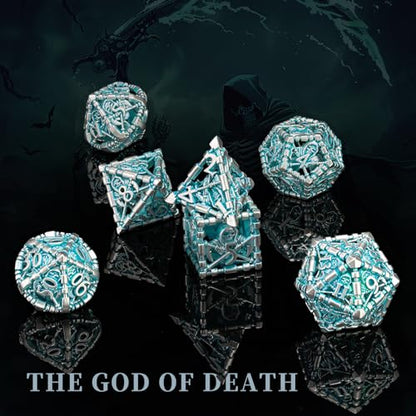 D&D Dice Set, Hollow Blue White Metal Grim Reaper Dice of 7 Piece,Polyhedral DND Dice Role PlayGaming for Dungeons and Dragons Table Game MTG or RPG (Blue and White) - color: Blue White Ss