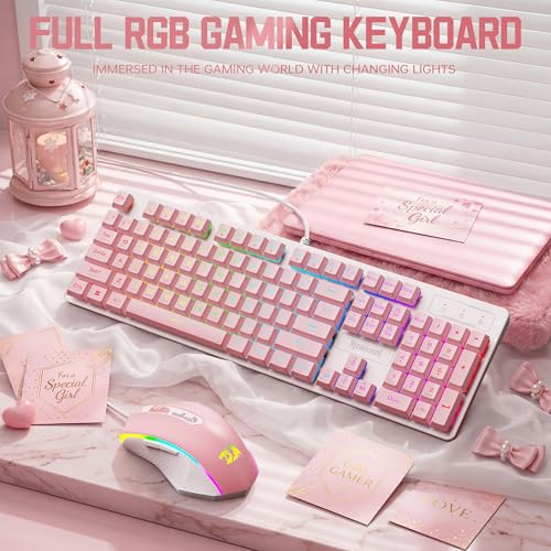 Redragon Updated S107WP Gaming Keyboard and Mouse, RGB Gaming Keyboard and 10000 DPI Mouse Combo with 25-Key Anti-Ghosting, 1K Hz Programmable Mice with Software, Plug & Play to PC, Laptop - Pink - color: Pink
