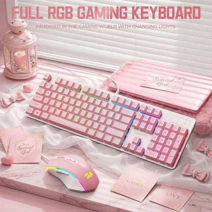 Redragon Updated S107WP Gaming Keyboard and Mouse, RGB Gaming Keyboard and 10000 DPI Mouse Combo with 25-Key Anti-Ghosting, 1K Hz Programmable Mice with Software, Plug & Play to PC, Laptop - Pink - color: Pink