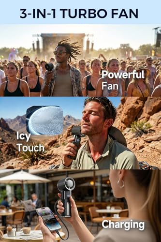Portable Handheld Turbo Fan with Cooling Plate and Retractable USB-C Cable, 6000mAh Rechargeable, Powerful 100-Speed Wind, LED Display,135° Adjustable, Summer Essential for Travel/Outdoor/Office - color: Black