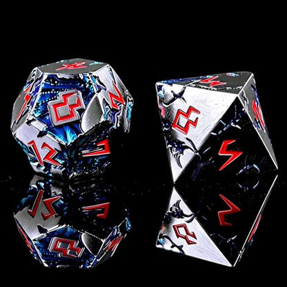 Blue Dragon Metal DND Dice Set, 7 Piece Weighted Polyhedral Dice for Dungeons and Dragons, Heavy Zinc Alloy RPG Dice with Engraved Numbers & Storage Gift Case for Pathfinder MTG Role Playing Games - color: Black Red