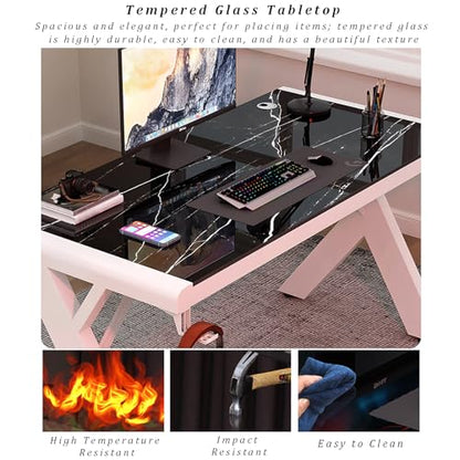 Tempered Glass Computer Desk, Modern Home Office Desk Personal Workstation with X-Shaped Metal Frame, Student Writing Desk Gaming Desk with Cable Management(80cm/31, Black E) - color: Black E, size: 80cm/31"