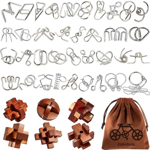 42 Pcs Brain Teaser Puzzles Set for Adults Kids – Vintage Wooden & Metal 3D IQ Game, Challenging Disentanglement Logic Puzzles, Family Party Favor Portable Travel Pouch Set - style: 42PCS Metal+Wood Puzzles