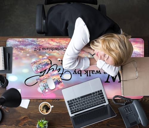 Mouse Pad Desk Mat Ergonomic Wrist Support Pad Set,Mouse Wrist Rest Keyboard Pad with Stitched Edges and Non Slip Base-We Walk by Faith Pink Purple Glitter - color: We Walk By Faith