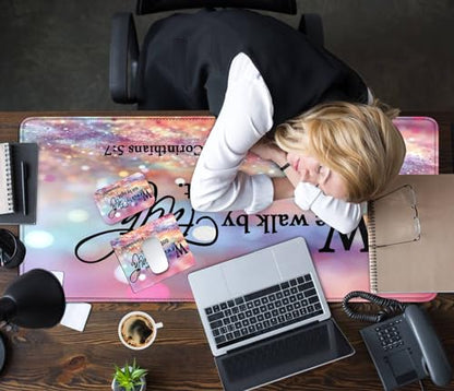 Mouse Pad Desk Mat Ergonomic Wrist Support Pad Set,Mouse Wrist Rest Keyboard Pad with Stitched Edges and Non Slip Base-We Walk by Faith Pink Purple Glitter - color: We Walk By Faith
