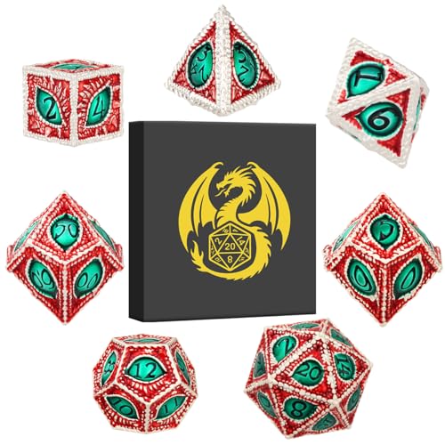 Metal Dice Set, Dragon Eye Theme, 7pcs Polyhedral Metal DND Dice Set, DND Starter Set, D&D Gifts with Gift Box, Role Playing Board Games Accessories, Silver Red Green - color: Silver Red Green With Gift Box