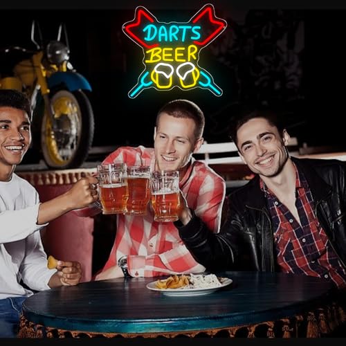 Beer Neon Sign, Darts Beer Led Neon Light Sign for Bar Dart Room Wall Decor Dimmable Dart Light Up Sign for Man Cave Home Bar Pub Club Party Decoration Gift for Men Husband USB Powered（14.2"*13.4"） - style: Beer-1