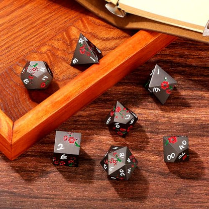 Metal Dice Set, Flat Face Red Plum Blossom Pattern, 7pcs Polyhedral Metal DND Dice Set, DND Starter Set, D&D Gifts with Gift Bag, Role Playing Board Games Accessories, Black - color: Black With Gift Bag