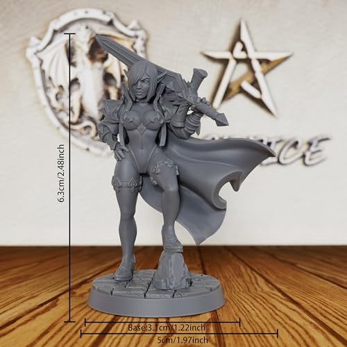 AUSPDICE Elf Warrior 32mm Unpainted Fantasy Miniature with Sword AS379 | 6.3cm Female Elf Fighter Figure with Sword, Armor and Cape for Dungeons and Dragons, TTRPGs and Dungeon Masters