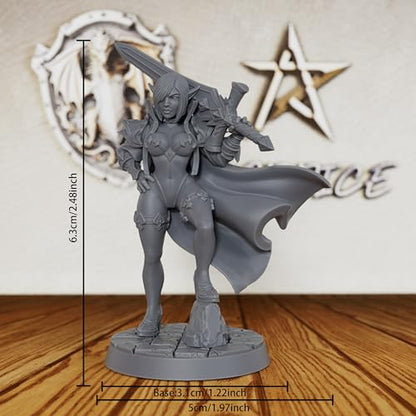 AUSPDICE Elf Warrior 32mm Unpainted Fantasy Miniature with Sword AS379 | 6.3cm Female Elf Fighter Figure with Sword, Armor and Cape for Dungeons and Dragons, TTRPGs and Dungeon Masters
