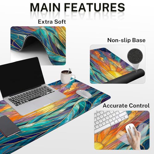 Britimes Gold Sun Ocean Keyboard Mouse Pad Set Boho Colorful 4in1 Large Mousepad+Keyboard Wrist Rest+Mouse Wrist Rest+Coaster Ergonomic Design for Home Office Computer 35.4x15.7 inches - color: Gold Sunset Ocean