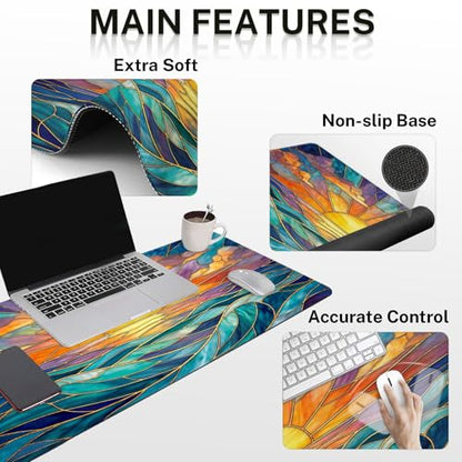 Britimes Gold Sun Ocean Keyboard Mouse Pad Set Boho Colorful 4in1 Large Mousepad+Keyboard Wrist Rest+Mouse Wrist Rest+Coaster Ergonomic Design for Home Office Computer 35.4x15.7 inches - color: Gold Sunset Ocean
