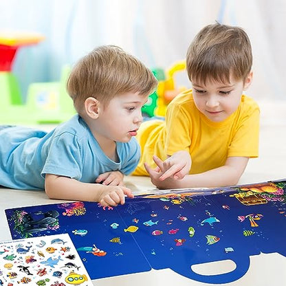 ASTARON Reusable Sticker Book for Toddlers, 88 Pcs Ocean Stickers Road Trip Activities Car Airplane Activities Travel Toys for Kids, Kids Quiet Time Activities (2-6 Age) - style: Ocean animals