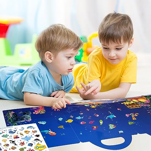 ASTARON Reusable Sticker Book for Toddlers, 88 Pcs Ocean Stickers Road Trip Activities Car Airplane Activities Travel Toys for Kids, Kids Quiet Time Activities (2-6 Age) - style: Ocean animals